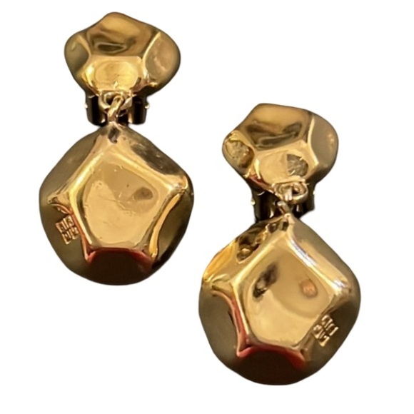 Vintage Givenchy Gold Plated Irregular Door Knocker Drop Logo Clip Earring - Picture 2 of 11